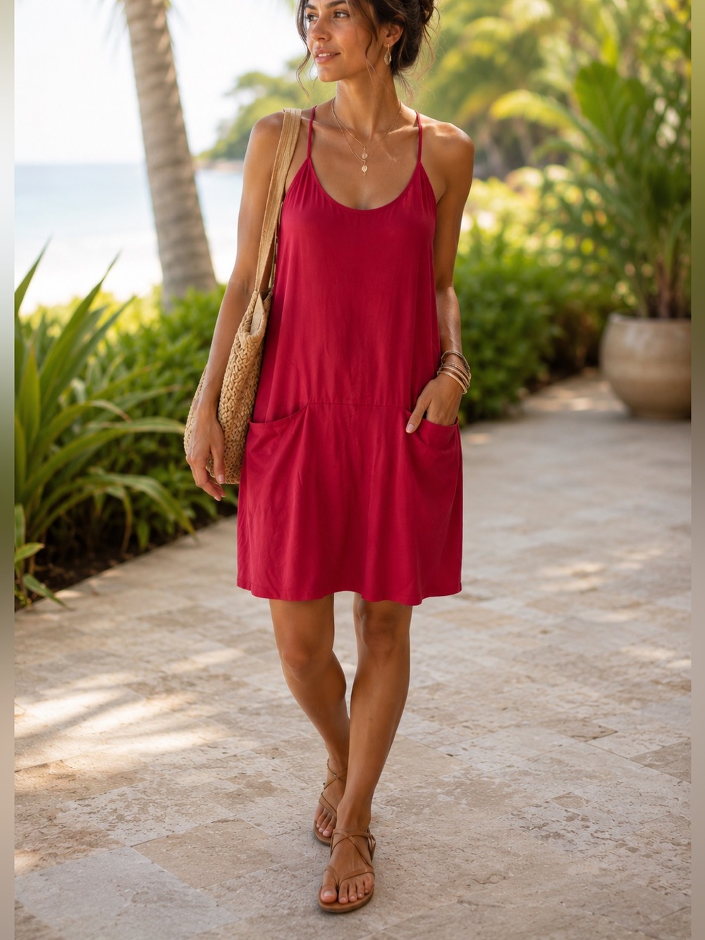 Theory 95% Silk Alesandra  Racerback Pocket Dress Raspberry Red Resort-wear Sz 8